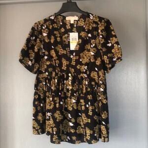 NWT Michael Kors Black Floral Tiered V Neck Baby Doll Blouse Sz Med Y2K Cottage